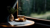 Cozy morning scene with steaming cup of coffee on wooden table by window, sheet music and small vase with pine branches in warm sunlight creating peaceful atmosphere.