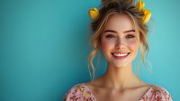 Young Caucasian woman with blonde hair in updo hairstyle decorated with yellow tulips, wearing floral dress, smiling genuinely against turquoise background. Positive spring portrait.