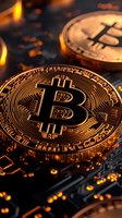 Golden bitcoin coins on circuit board with warm orange lighting and dramatic shadows, showcasing cryptocurrency and digital finance concept.