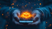 Glowing orange cube hologram floating above smartphone in hands against dark background with magical sparkles and light effects, futuristic technology concept.
