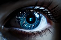 Close up of futuristic cyber eye with digital circuit pattern and glowing blue elements representing artificial intelligence and biometric technology advancement.