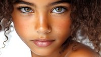Young mixed-race woman with curly hair and natural makeup looking directly at camera with confident expression for beauty and lifestyle concepts.