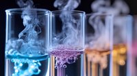 Colorful liquids in laboratory test tubes with rising smoke creating mystical effect against dark background. Scientific research and chemical reaction concept.