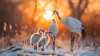 Graceful white cranes with chicks in frosty morning meadow at golden sunrise, wildlife nature scene in warm orange backlight, winter season.