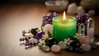 Green candle burning surrounded by healing crystals, gemstones and dried lavender flowers on wooden surface for meditation, wellness and spiritual practices.