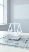 Transparent scales of justice symbol floating above computer circuit board representing legal technology and digital law concepts in modern office setting.