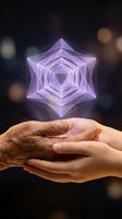 Hands holding glowing purple geometric crystal hologram with sacred geometry patterns floating above palms against dark bokeh background.
