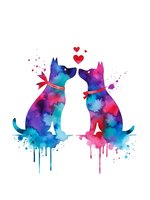 Two dogs in love watercolor silhouettes with hearts and paint drips on white background for romantic pet designs and Valentine greeting cards.