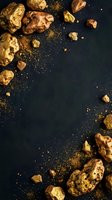 Golden nuggets and mineral chunks scattered on dark surface with metallic dust particles creating mining and geology concept for educational materials.