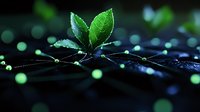 Fresh green plant sprout growing on digital network background with glowing dots and connections, symbolizing technology and nature convergence.