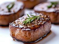 Grilled beef steak with rosemary garnish and black pepper seasoning on white plate, juicy meat with caramelized crust in dark sauce, macro food photography.