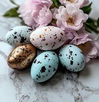 Speckled Easter eggs in pastel blue, white and gold with delicate pink flowers on marble background, creating elegant spring holiday composition.
