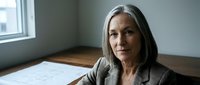 Middle-aged woman with gray hair wearing gray blazer sitting at wooden desk with architectural plans, professional office environment with window light.