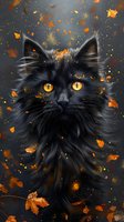 Black cat with golden eyes surrounded by autumn leaves and glowing particles against dark background. Mystical feline portrait for seasonal designs.