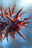 Macro photography of red thorny seed pod against blue background shows dramatic natural texture and spiky organic form. Artistic nature close-up for design projects.