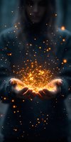 Glowing golden network sphere floating above cupped hands against dark background, with magical light particles and sparkles creating mystical atmosphere.