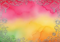 Watercolor gradient background with pink, yellow, orange and green hues, decorated with ornamental lanterns and scrollwork borders, suitable for Asian-inspired designs and festive projects.
