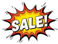 Comic book style sale burst with explosive yellow and red colors on white background for promotional marketing and advertising campaigns.