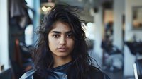 Young South Asian woman with long dark windswept hair and intense gaze wearing black top against blurred urban background with bokeh lights, natural beauty portrait.