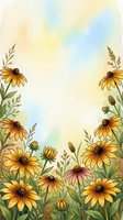 Watercolor wildflower border with yellow daisies and herbs on soft pastel background for greeting cards, invitations and botanical designs.