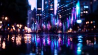 Vibrant neon city lights reflecting on wet pavement create abstract patterns with purple and blue hues, capturing urban nightlife atmosphere in bokeh effect.