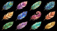 Colorful decorative feathers set with golden details, isolated on transparent background. Great for stickers, t-shirt design, print on demand, and sublimation projects.