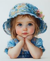 Young girl in blue floral sun hat and dress resting chin on hands, with bright blue eyes and gentle expression against white background. Digital art portrait.
