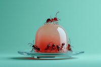 Red ants crawling over a glossy pink dome dessert on a glass plate against a mint green background, surreal food concept.