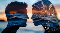 Romantic double exposure silhouette of couple faces merged with ocean waves and sunset sky, creating dreamy atmospheric mood with bokeh light effects.