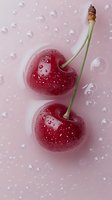 Fresh red cherries with water droplets on pink background for summer fruit dessert and healthy eating concepts.