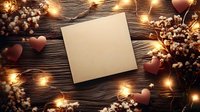 Blank paper note surrounded by glowing string lights, red hearts and white cotton flowers on dark wooden background. Romantic Valentine mood setting.