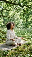 Young African American woman practicing mindful meditation in peaceful forest setting, sitting cross-legged on yoga mat under green tree canopy for wellness.