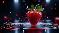 Fresh ripe strawberry with green leaves floating above glowing circular rings against dark background with bokeh lights and water drops.