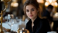 Young woman in black outfit dining at upscale restaurant with elegant wine glass and ambient lighting creating romantic atmosphere for luxury lifestyle content.