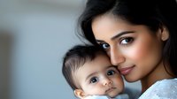 Young Indian mother in white lace dress holding adorable baby with big expressive eyes, intimate family portrait showing tender maternal bond and pure love.