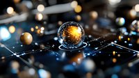 Glowing sphere with network connections on dark background, floating golden orbs and light effects create futuristic technology concept for business innovation.