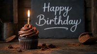 Chocolate cupcake with a lit candle on a rustic wooden table, Happy Birthday written on a chalkboard background, warm moody lighting.