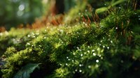 Lush green moss with morning dew drops glistening in sunlight, creating a magical miniature forest landscape in natural woodland environment.