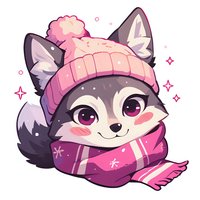 Cute cartoon raccoon wearing pink winter hat and striped scarf, with sparkles and rosy cheeks on white background, isolated kawaii character design.