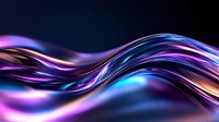 Flowing abstract waves in vibrant neon colors of purple, blue and orange create dynamic motion effect against black background, suitable for modern tech designs.