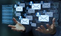 Business professional managing digital email marketing campaign with floating envelope icons and network connections in modern interface.