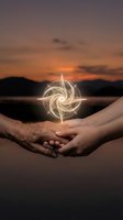 Two hands holding glowing energy symbol over serene lake at sunset representing unity, connection and spiritual harmony between generations.