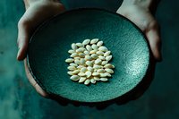 White pumpkin seeds in turquoise ceramic bowl held by hands against dark background. Natural healthy snack food styling and composition for wellness blogs.