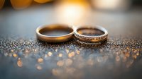 Wedding rings on glittering surface with soft bokeh lights in background, romantic close-up macro photography capturing sparkle and commitment symbolism.
