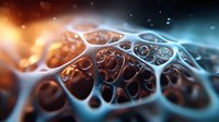 Microscopic organic cell structure with glowing orange and blue lighting effects showing intricate membrane patterns and cellular networks in dramatic macro view.