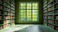 Green library room with large window overlooking lush trees, wooden floor, and tall bookshelves lining walls filled with books.