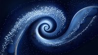 Luminous spiral formation in deep blue cosmic space, composed of glowing particles and flowing curves creating mesmerizing galactic motion effect.