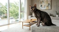 Adorable tabby kitten sitting on modern gray sofa in bright living room with large windows and wooden coffee table for pet lifestyle content.