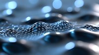 Abstract network visualization with connected dots forming wave-like pattern on dark background with blue bokeh lights, representing digital technology and connectivity.