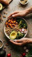 Male hands holding a bowl filled with roasted sweet potato, quinoa, steamed broccoli, fresh avocado, and radish slices. Healthy meal prep and nutritious eating concept for wellness and diet planning.